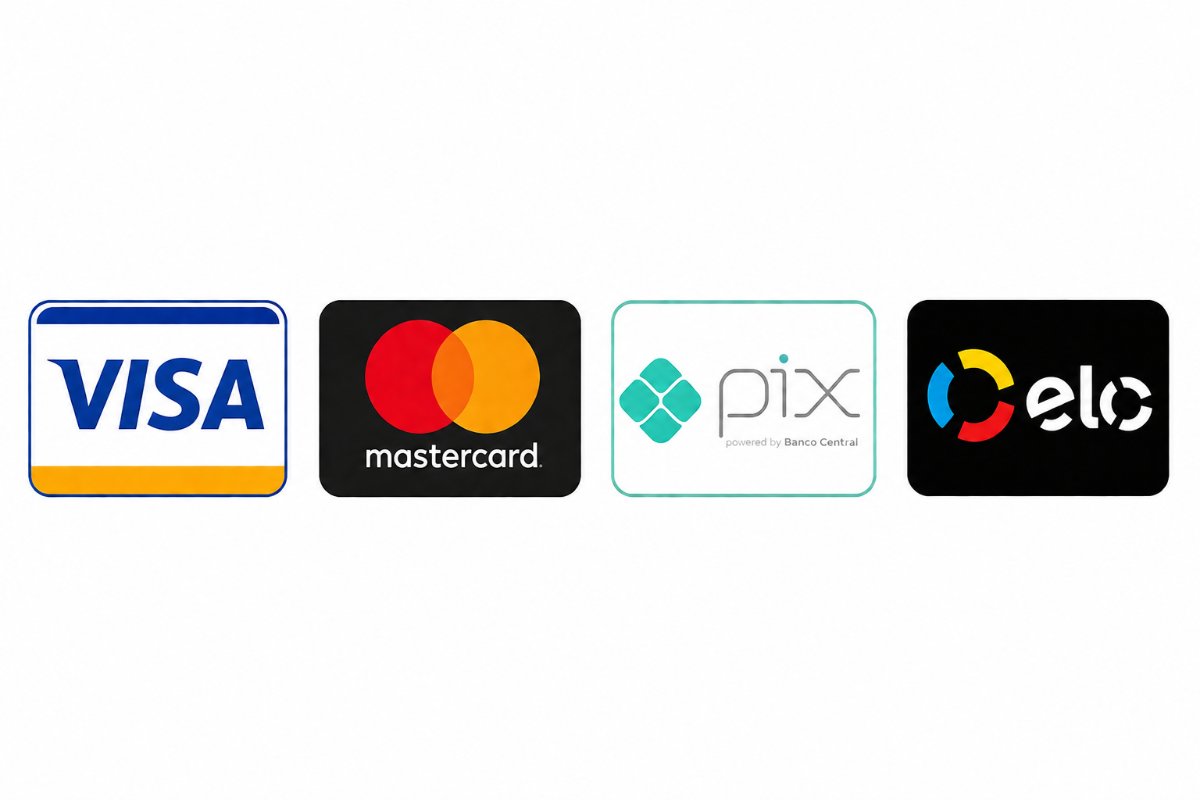 Bandeiras de pagamento aceitas: Visa, Mastercard, Elo, PIX e boleto